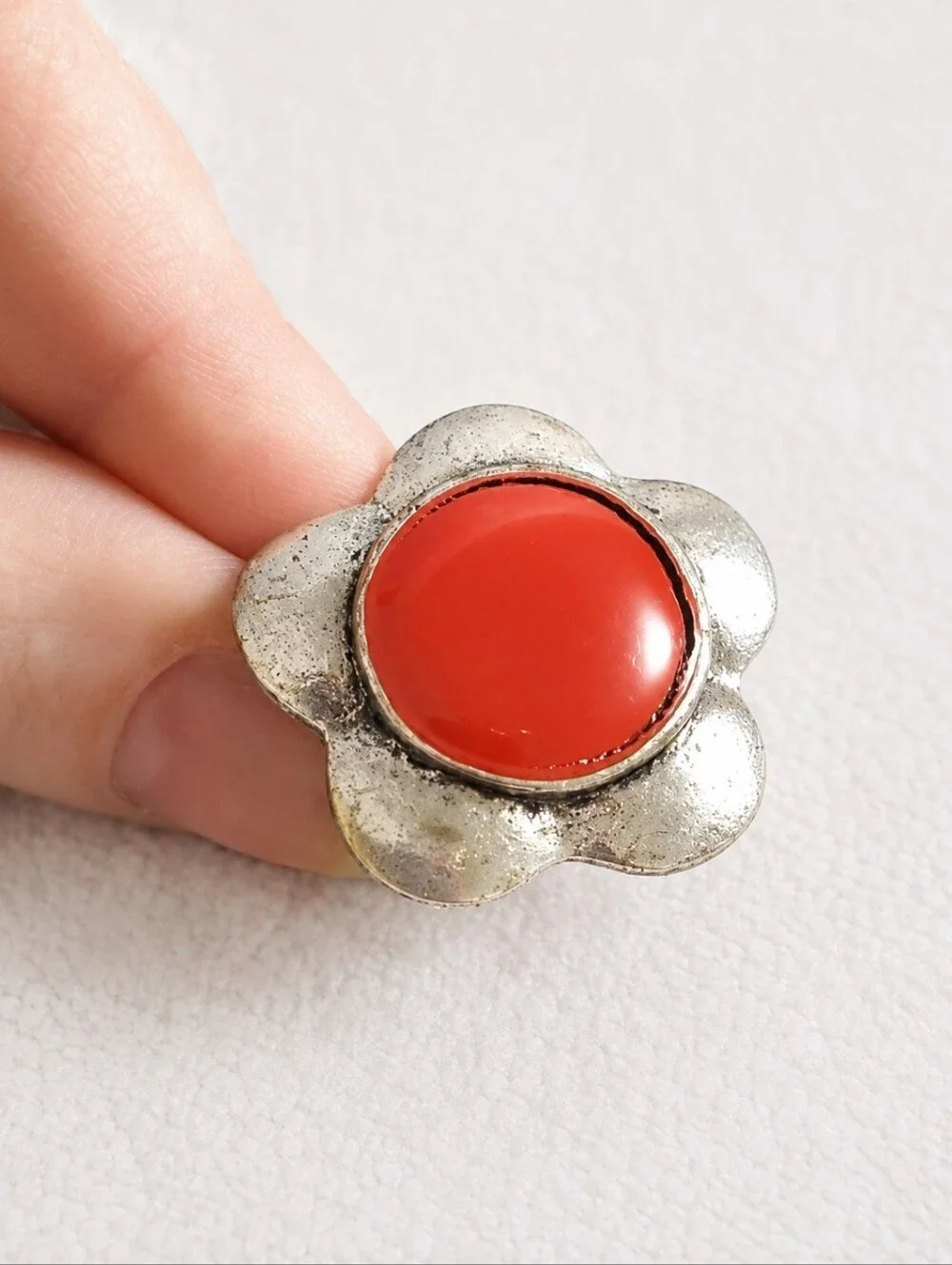 Vintage Red Cabochon Flower Adjustable Ring